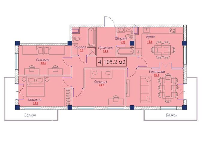 Планировка 4-комнатные квартиры, 105.2 m2 в Клубный дом Tauda, в г. Алматы