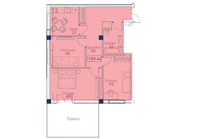 Планировка 3-комнатные квартиры, 65 m2 в Клубный дом Tauda, в г. Алматы