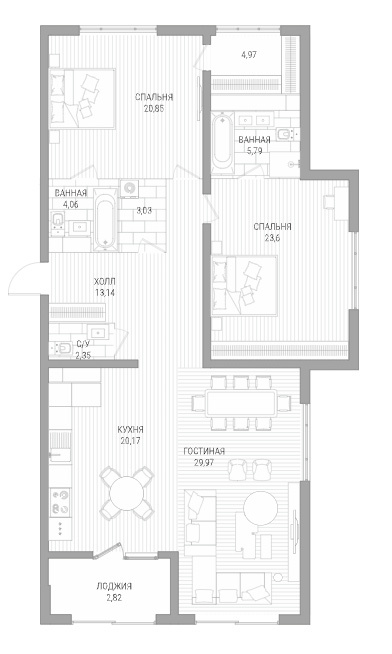 Планировка 3-комнатные квартиры, 134.73 m2 в ЖК Lumiere, в г. Алматы