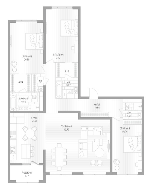 Планировка 4-комнатные квартиры, 183.86 m2 в ЖК Lumiere, в г. Алматы