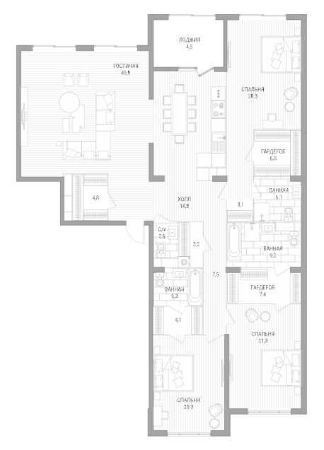 Планировка 4-комнатные квартиры, 223.4 m2 в ЖК Lumiere, в г. Алматы