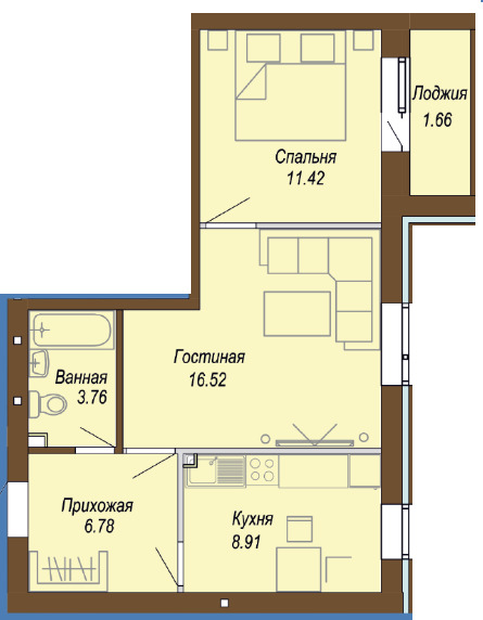 Планировка 2-комнатные квартиры, 49.05 m2 в ЖК Diamond Park, в г. Косшы