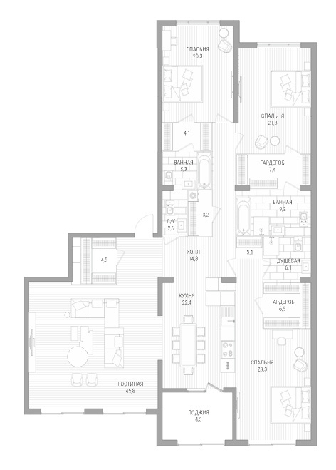 Планировка 4-комнатные квартиры, 227.57 m2 в ЖК Lumiere, в г. Алматы