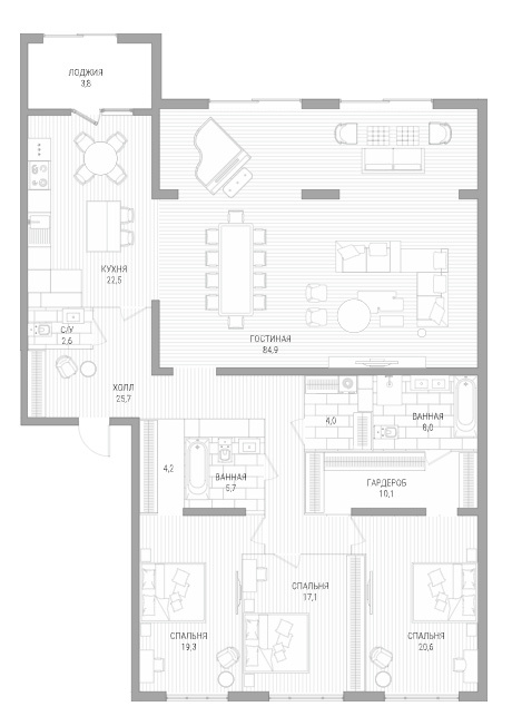 Планировка 4-комнатные квартиры, 231.3 m2 в ЖК Lumiere, в г. Алматы