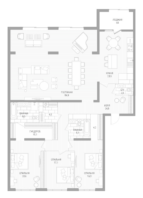 Планировка 4-комнатные квартиры, 232.4 m2 в ЖК Lumiere, в г. Алматы