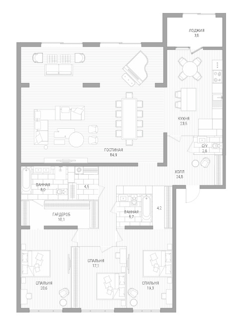 Планировка 4-комнатные квартиры, 232.2 m2 в ЖК Lumiere, в г. Алматы