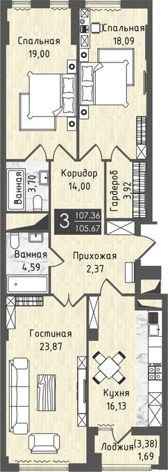 Планировка 3-комнатные квартиры, 104.41 m2 в ЖК Europe city, в г. Нур-Султана (Астаны)