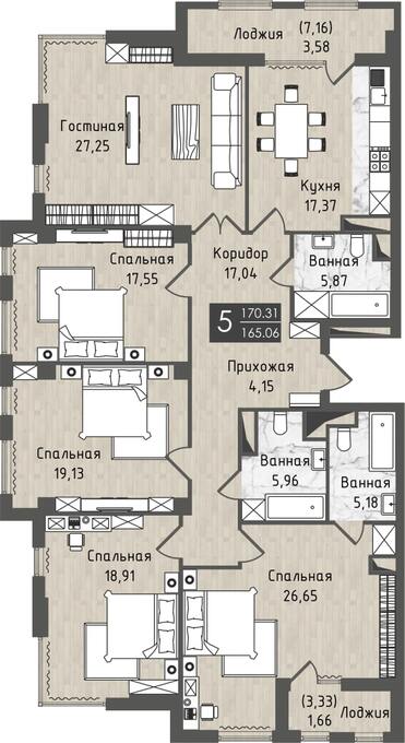Планировка 5-комнатные квартиры, 170 m2 в ЖК Europe city, в г. Нур-Султана (Астаны)