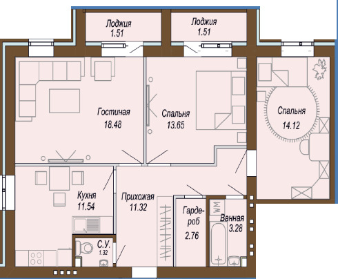 Планировка 3-комнатные квартиры, 79.49 m2 в ЖК Diamond Park, в г. Косшы