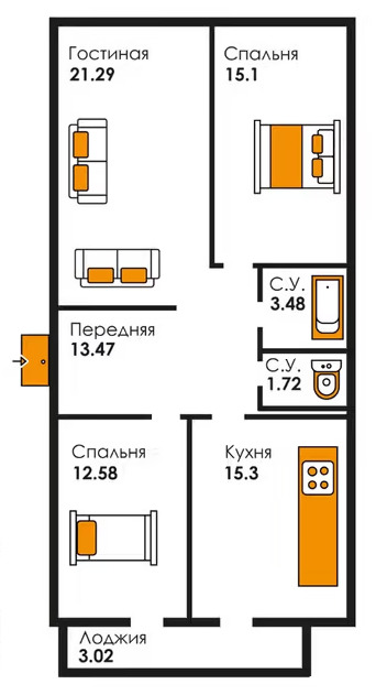 Планировка 3-комнатные квартиры, 86 m2 в ЖК Keremet, в г. Костаная