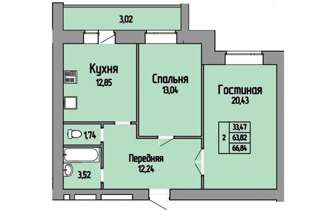 Планировка 2-комнатные квартиры, 66.84 m2 в ЖК Keremet, в г. Костаная