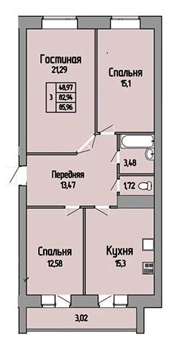 Планировка 3-комнатные квартиры, 85.96 m2 в ЖК Keremet, в г. Костаная