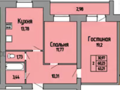 Планировка 2-комнатные квартиры, 63.21 m2 в ЖК Keremet, в г. Костаная
