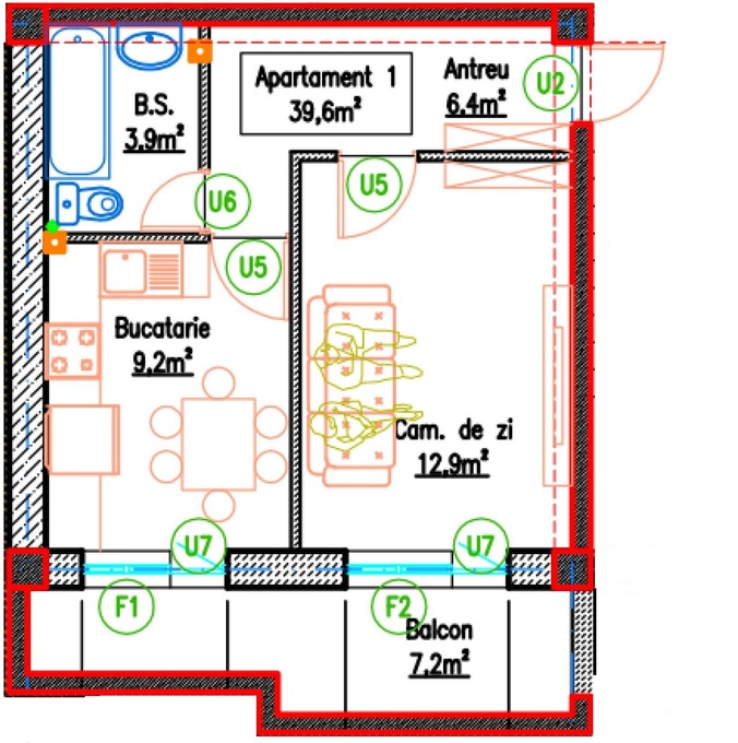 Планировка 1-комнатные квартиры, 39.6 m2 в ЖК Atelierelor 2,4,6, в г. Кишинёва