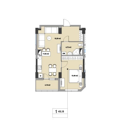 Schița 1 camere apartamentului, 49.18 m2 în Complex Burebista, Chişinău