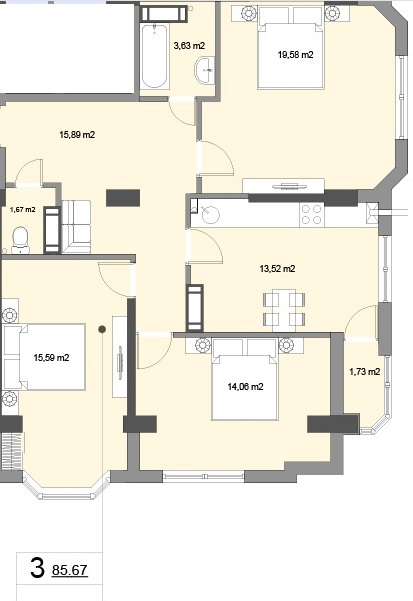 Schița 3 camere apartamentului, 85.67 m2 în Complex Bernardazzi, Chişinău