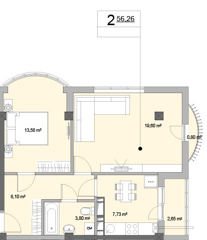 Schița 2 camere apartamentului, 56.26 m2 în str. Alexandru Hajdeu, 106, Chişinău