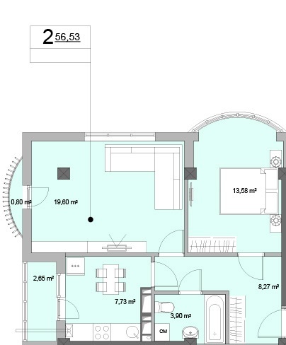 Schița 2 camere apartamentului, 56.53 m2 în str. Alexandru Hajdeu, 106, Chişinău