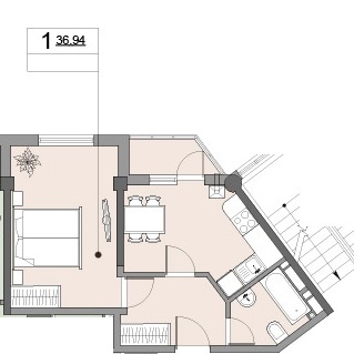 Планировка 1-комнатные квартиры, 36.94 m2 в ЖД Cetatea Chilia, в г. Кишинёва