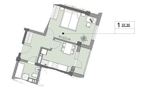 Планировка 1-комнатные квартиры, 37.35 m2 в ЖД Cetatea Chilia, в г. Кишинёва