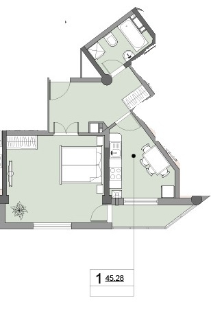 Планировка 1-комнатные квартиры, 45.28 m2 в ЖД Cetatea Chilia, в г. Кишинёва