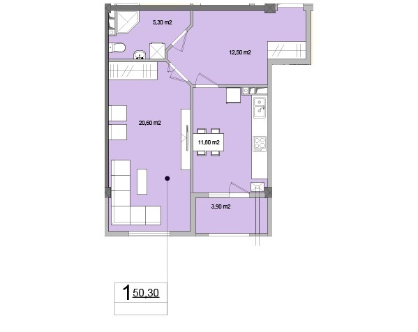 Schița 1 camere apartamentului, 50.3 m2 în Complex Danubius, Chişinău
