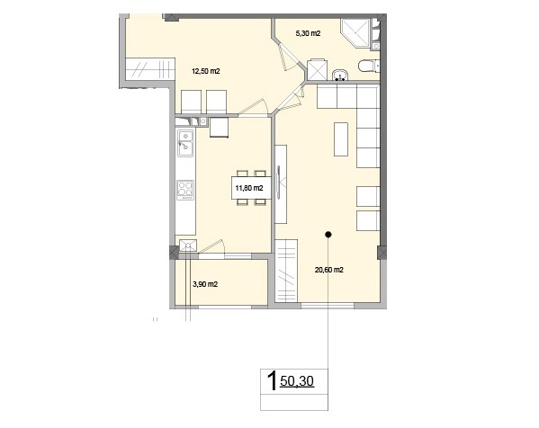 Планировка 1-комнатные квартиры, 50.3 m2 в ЖК Danubius, в г. Кишинёва
