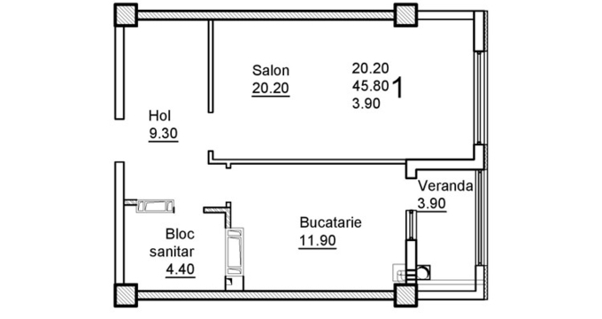 Schița 1 camere apartamentului, 49.7 m2 în Complex Sprâncenoaia, Chişinău