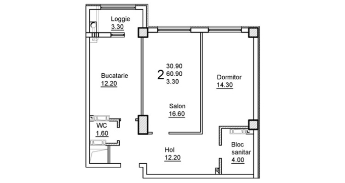 Schița 2 camere apartamentului, 64.2 m2 în Complex Sprâncenoaia, Chişinău