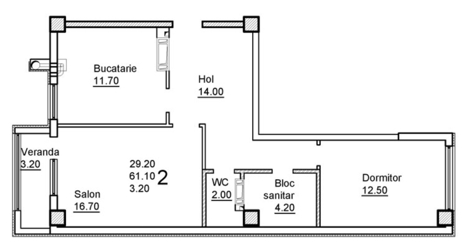 Schița 2 camere apartamentului, 64.3 m2 în Complex Sprâncenoaia, Chişinău