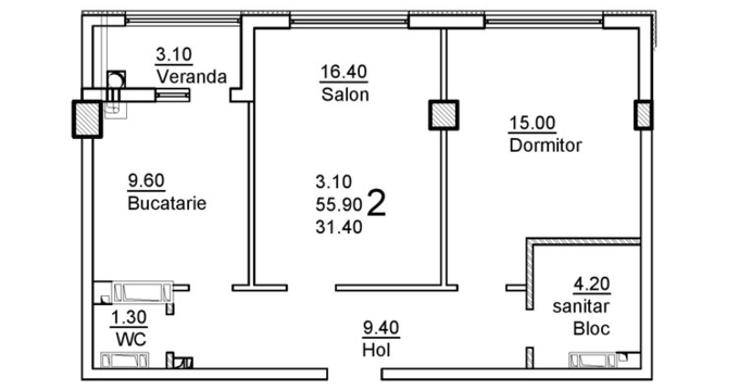 Schița 2 camere apartamentului, 59 m2 în Complex Sprâncenoaia, Chişinău