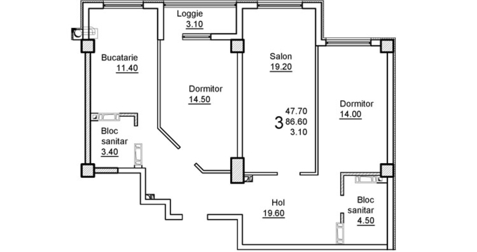 Schița 3 camere apartamentului, 89.7 m2 în Complex Sprâncenoaia, Chişinău