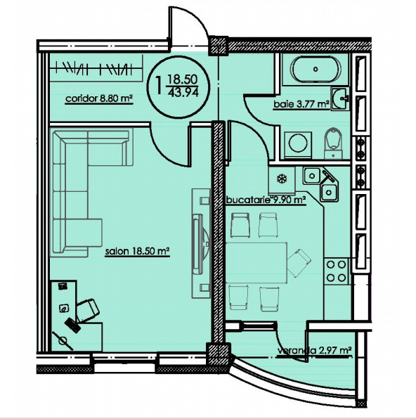 Планировка 1-комнатные квартиры, 43.94 m2 в ЖК Mircea cel Bătrîn, 41, в г. Кишинёва