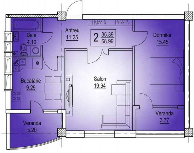 Schița 2 camere apartamentului, 68.99 m2 în Complex Mircea cel Bătrîn, 41, Chişinău