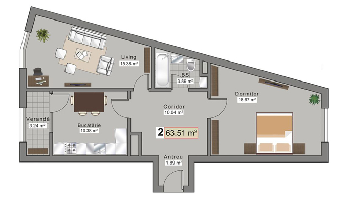 Планировка 2-комнатные квартиры, 63.51 m2 в ЖК Sky House Grenoble, в г. Кишинёва