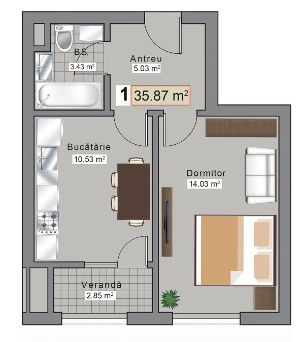 Планировка 1-комнатные квартиры, 35.87 m2 в ЖК Sky House Grenoble, в г. Кишинёва