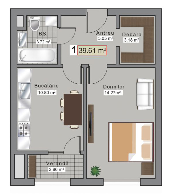 Планировка 1-комнатные квартиры, 39.61 m2 в ЖК Sky House Grenoble, в г. Кишинёва