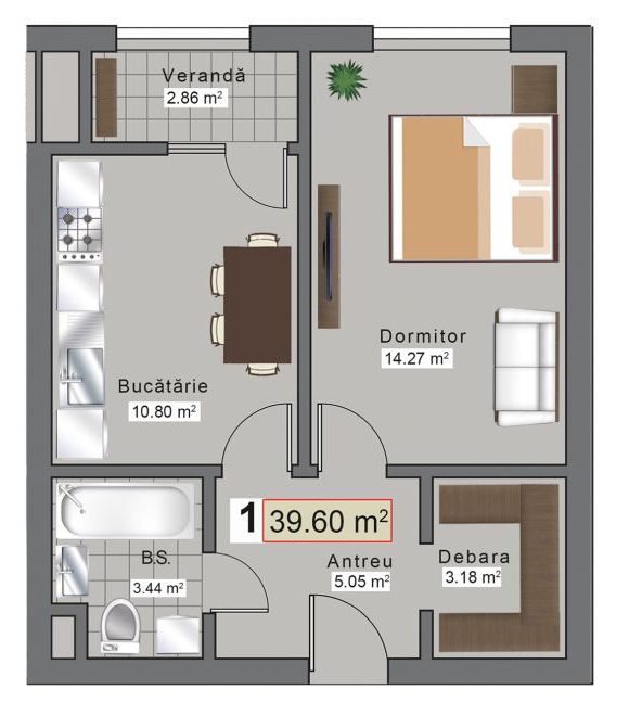 Планировка 1-комнатные квартиры, 39.6 m2 в ЖК Sky House Grenoble, в г. Кишинёва