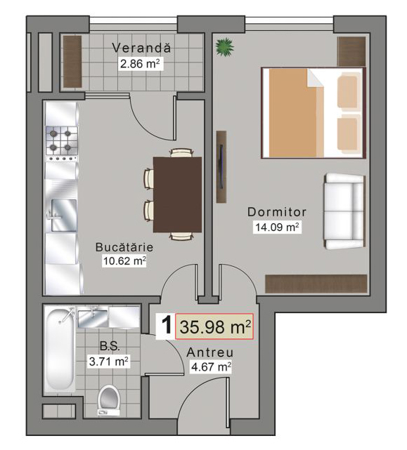 Планировка 1-комнатные квартиры, 35.98 m2 в ЖК Sky House Grenoble, в г. Кишинёва