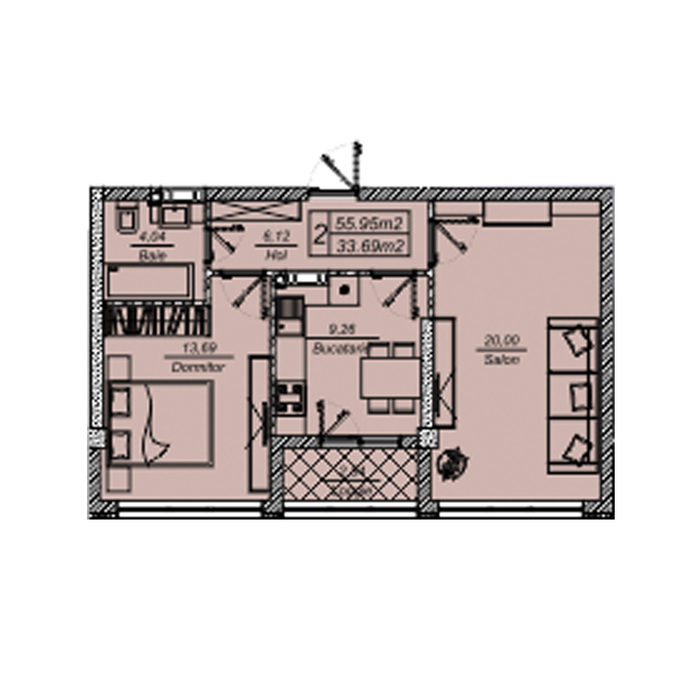 Schița 2 camere apartamentului, 54.3 m2 în Complex Tolstoy City Residence, Chişinău
