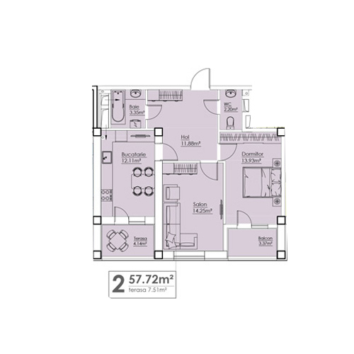 Планировка 2-комнатные квартиры, 57.72 m2 в ЖК Metropolis, в г. Кишинёва