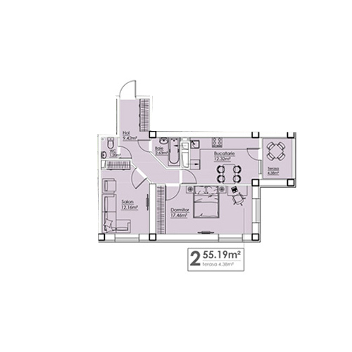 Планировка 2-комнатные квартиры, 55.19 m2 в ЖК Metropolis, в г. Кишинёва