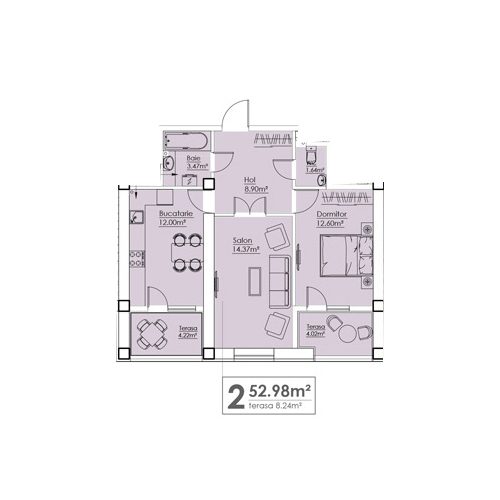 Планировка 2-комнатные квартиры, 52.98 m2 в ЖК Metropolis, в г. Кишинёва