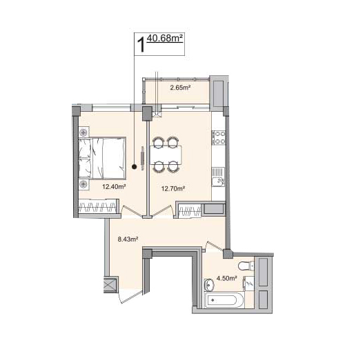Планировка 1-комнатные квартиры, 40.68 m2 в ЖК Belgrad, в г. Кишинёва