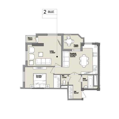 Планировка 2-комнатные квартиры, 58.87 m2 в ЖК Asachi, в г. Кишинёва