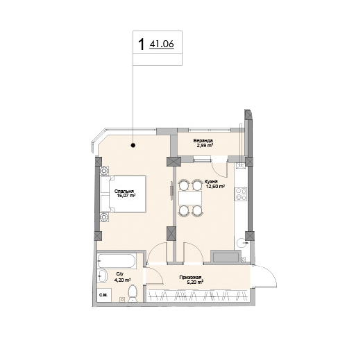 Планировка 1-комнатные квартиры, 41.06 m2 в ЖК Ashabad, в г. Кишинёва