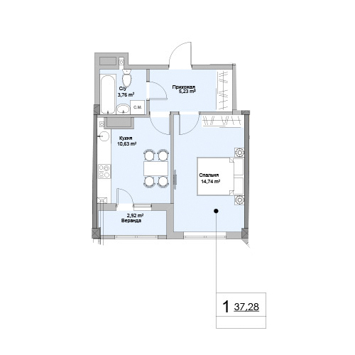Планировка 1-комнатные квартиры, 37.28 m2 в ЖК Ashabad, в г. Кишинёва