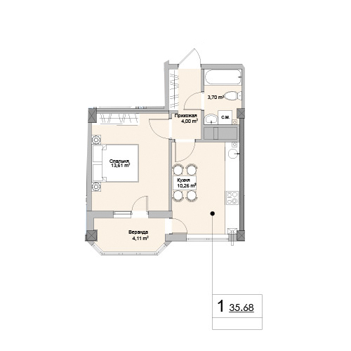 Планировка 1-комнатные квартиры, 35.68 m2 в ЖК Ashabad, в г. Кишинёва
