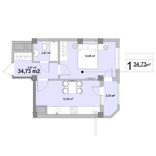 Планировка 1-комнатные квартиры, 34.73 m2 в ЖК Ashabad, в г. Кишинёва