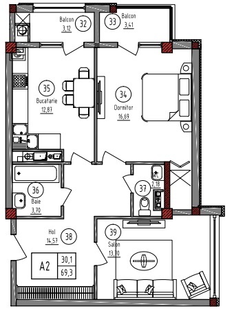 Schița 2 camere apartamentului, 69.3 m2 în Complexul Rezidențial Paris, Chişinău